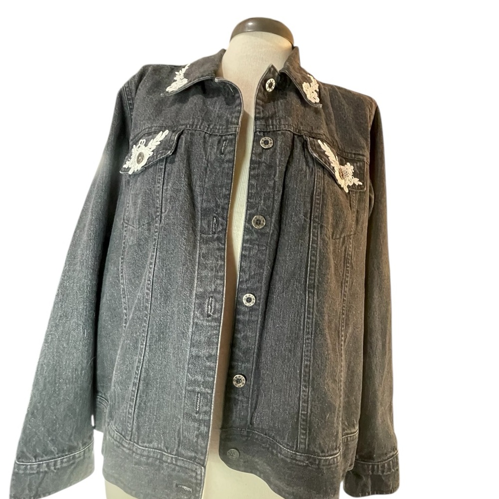 Denim&Co Black Jean Jacket with White Embroidery
